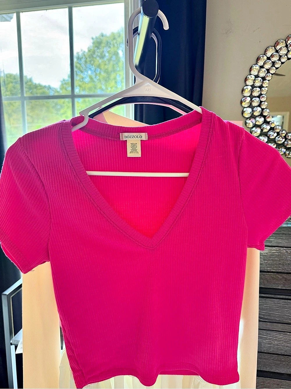 Bozzolo Ribbed V-Neck Short Sleeve Crop Top Pink Medium